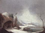 unknow artist A winter landscpae with travellers gathered aroubnd a fire in a grotto,overlooding a lake,a monastery beyond china oil painting artist